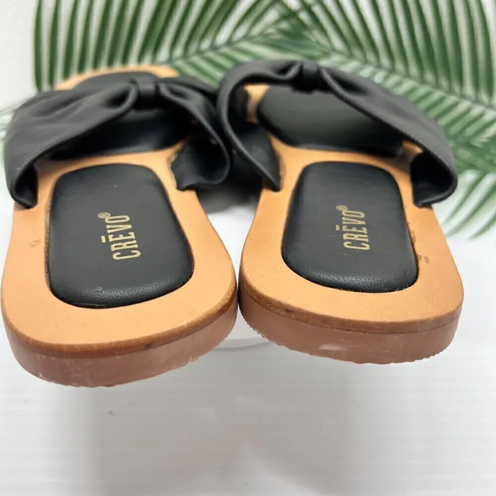 CREVO Kitty Bow Leather Slide Sandal Size 6 Black Square Open Toe Flats